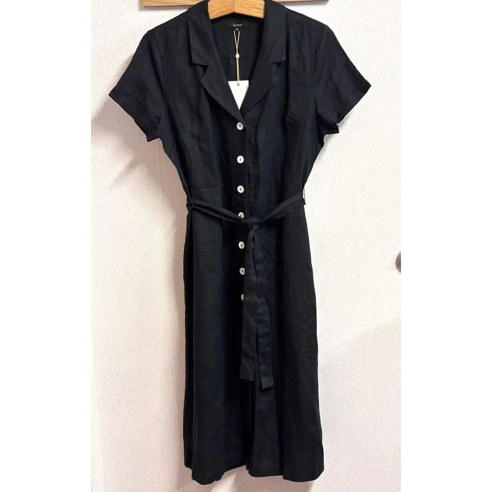 NWT Quince 100% European Linen Button Front Midi Dress Black Belted Shirt Dress - Picture 2 of 6